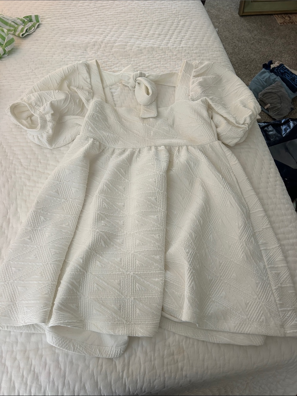 Free People Ivory Textured Puff-Sleeve Mini Dress
